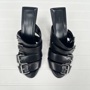 Balenciaga Black Leather Buckle Strappy Sandal Mule Stiletto Heel Slides 6 NEW